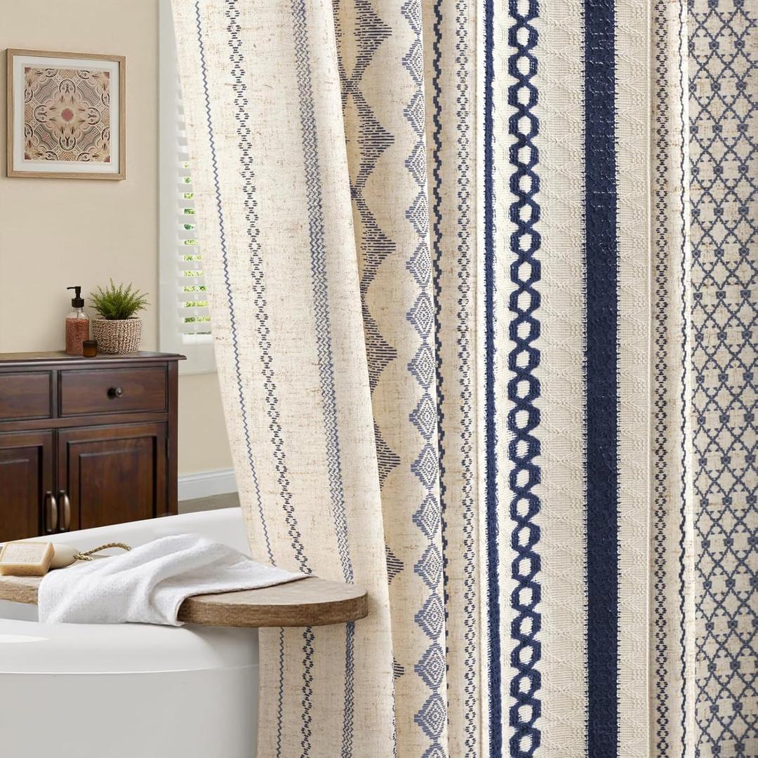 Nave Blue Boho Shower Curtain for Bathroom,Beige Linen with Striped Print and Twine-Inspired Woven Center,72" W x 72" L