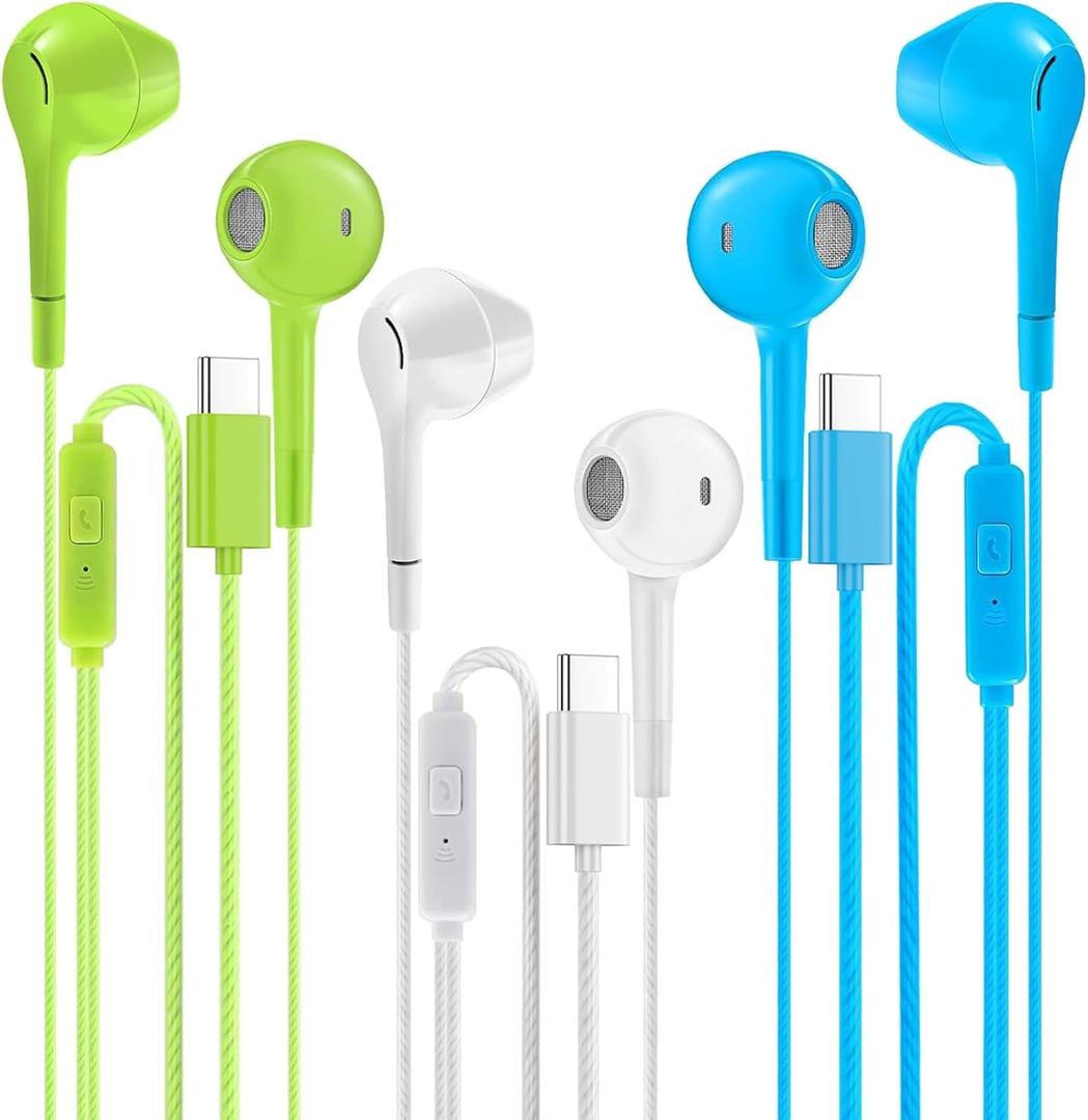 USB C Headphones of 3 Packs, Wired Earbuds in-Ear Type C Earphone with Microphone and Remote Control Noise Cancelling Compatible with Android, Laptop and Most Type C Interface (Blue+White+Green)