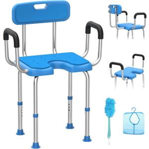 Stainless Steel Shower Chair with Removable Back and Arms, 500lbs U-Shaped Shower Seat for Bathtub, Adjustable Non-Slip Safety Shower Chair for Elderly, Seniors & Disabled, Adults, Blue