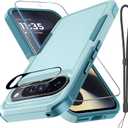 Case for Google Pixel 9/9 Pro, Full Body Heavy Duty Rugged Shockproof Protective Phone Cover with Lanyard Strap, Tempered Glass Screen Protector and Camera Lens Cover, Mint Green