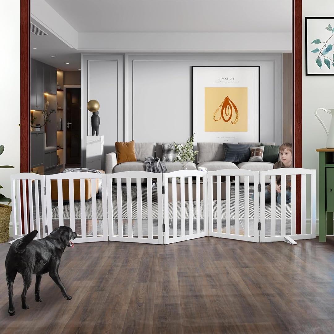 ZJSF Folding Freestanding Indoor Pet Gate for House, Wood, White Dog and Puppy Gates, Stair and Hallway Use, 24" Height-6 Panels, Support Feet Included (6 Panels120W x 24''H)