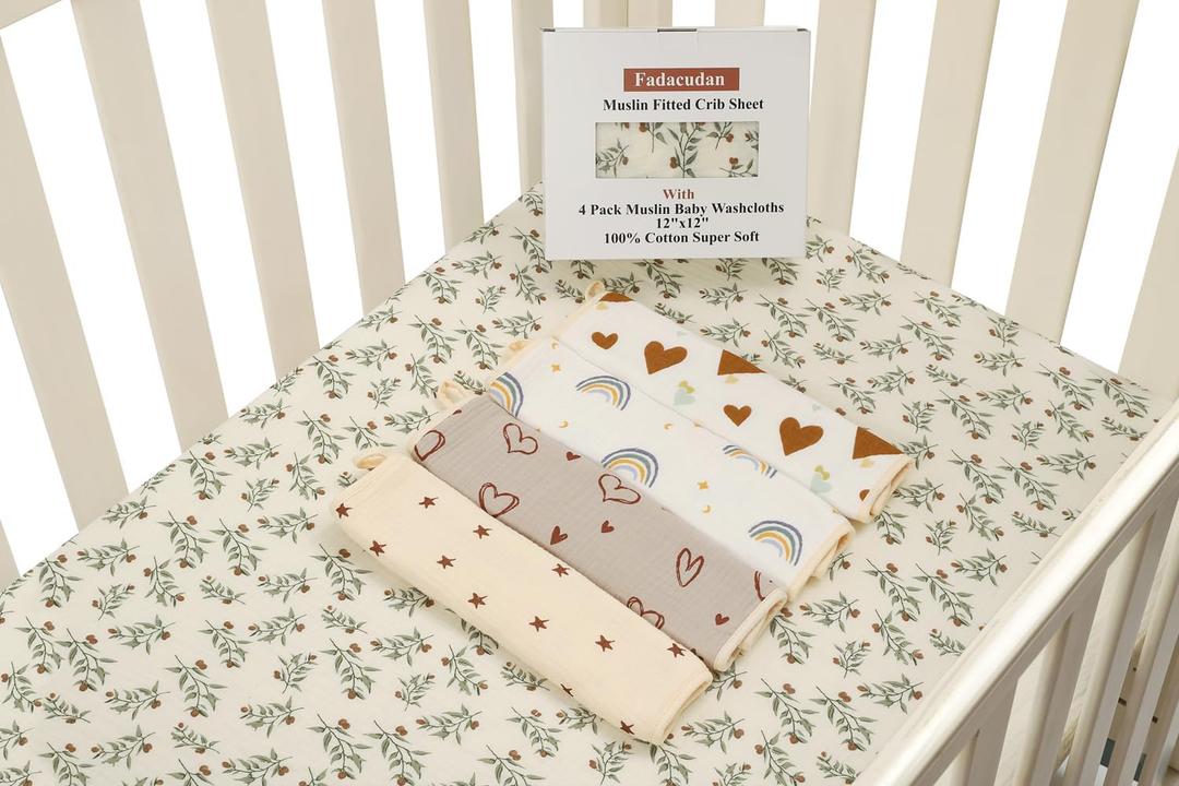 Fadacudan Muslin Fitted Crib Sheet with 4 Pack Muslin Baby Washcloths 12"x 12" Love Rainbow Stras,Cotton Stylish Boho Super Soft for Baby Botanical Leaf