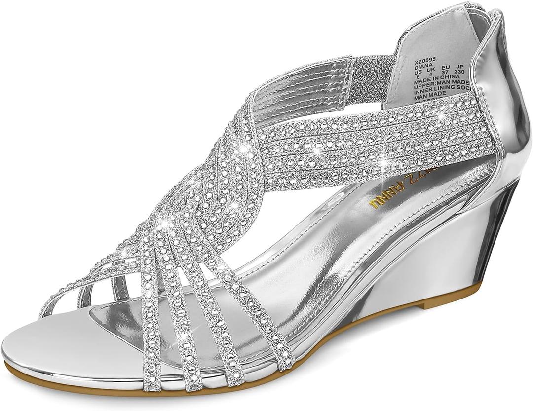 PIZZ ANNU Women's Diana Low Wedge Sandals Sparkly Rhinestone Open Toe Fashion Dress Shoes for Woman Lady in Bridal Dance Evening, Silver Patent 7