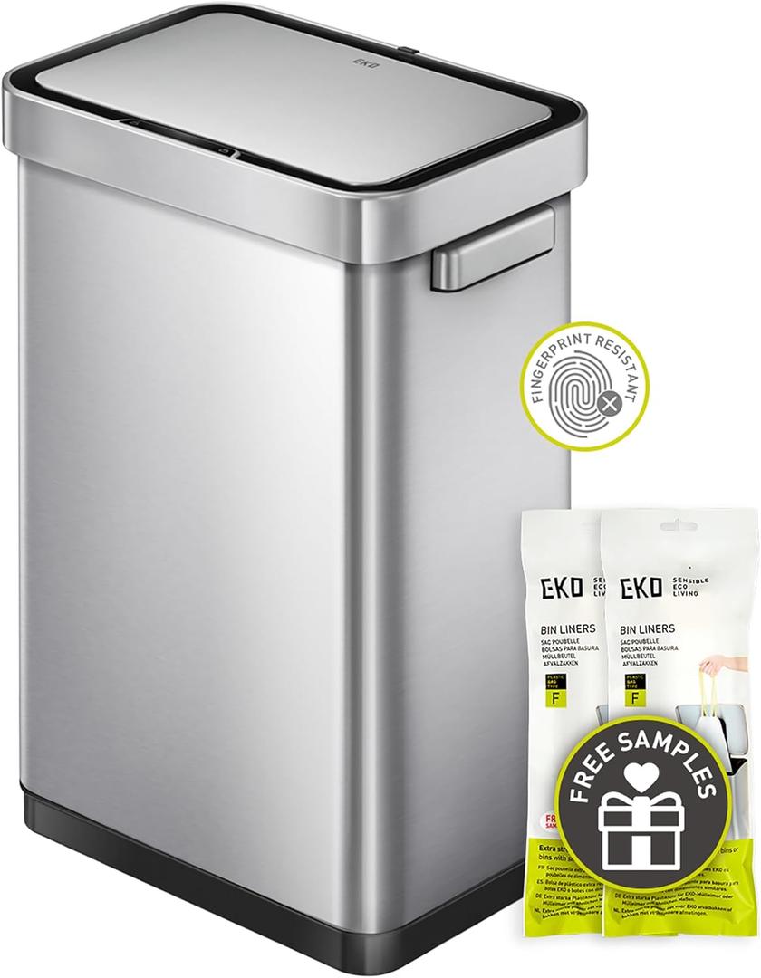 EKO Deluxe Mirage-T 50 Liter / 13.2 Gallon Touchless Rectangular Motion Sensor Trash Can, Matte Stainless Steel Finish (Deluxe 50 Liter)