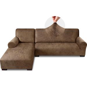 Sectional Couch Covers, Leather Look Sofa Cover L Shape 2PCS Soft Stretch Slipcover for Sectional Sofa, Non Slip Furniture Protector (3 Seat Sofa + 3 Seat Right Chaise, Light Brown)