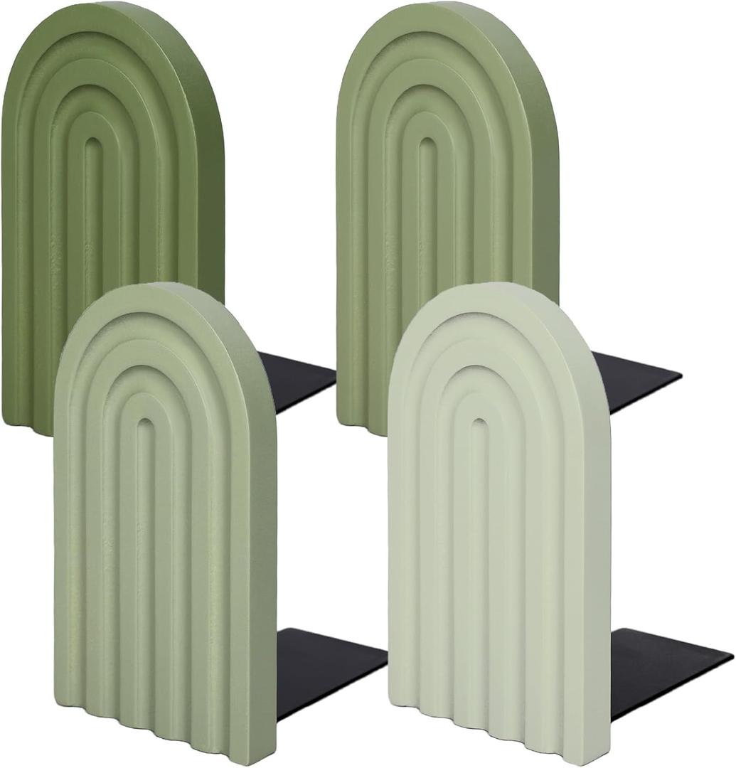 Whaline 4Pcs Boho Arch Wood Bookends Sage Green Rainbow Wooden Book Stands Decorative Non Skid Book Stoppers Study Cute Bookend for Back to School Heavy Books Home Office Library Kitchen (4 Colors)