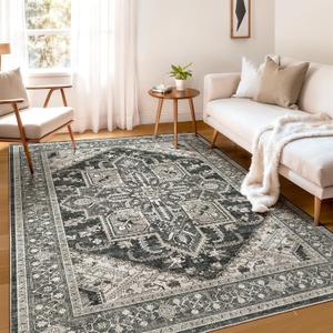WITSHOCK Living Room Area Rugs 6x9: Washable Rug Boho Soft Non-Slip Low Pile Stain Resistant Foldable Carpet for Bedroom Playroom Dining Room Office Kitchen Farmhouse Home Decor Rug-Bitter Black