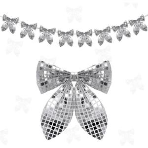 Hahafelt 9.84ft 1 String of 8 Disco Bows Garland 7 x 6.7 Inches Disco Mirror Bow Hanging Banner Decorations for Christmas Tree Mantle Fireplaces Wall Holiday Birthday Bridal Shower Wedding Engagement