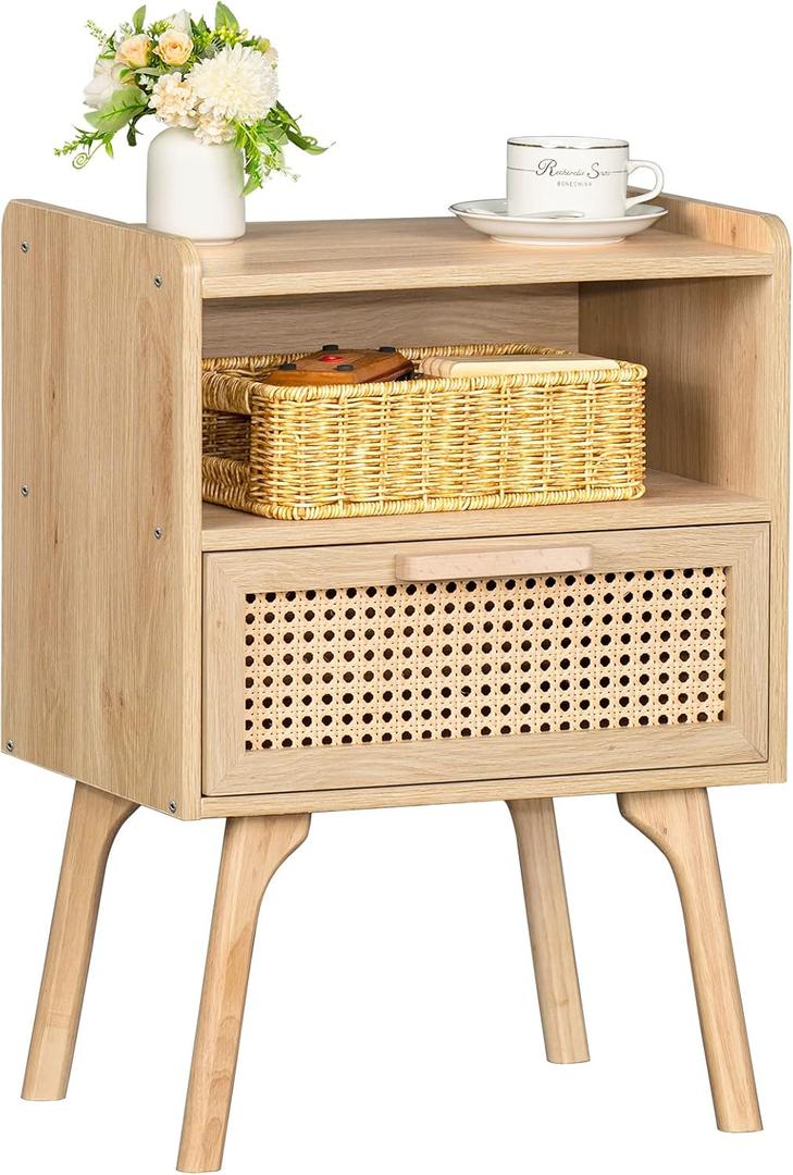 Rattan Nightstand, Boho Side Table with Drawer Open Shelf, Cane Accent Bedside End Table with Solid Wood Legs for Bedroom, Dorm and Small Spaces (Natural)