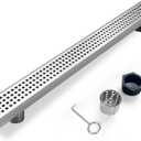 Offset Linear Shower Drain, Shower Drain 32 inch with Removable Grate Cover, Professional AISI 304 Stainless Steel Side Outlet Shower Floor Drain with Hair Catcher and Leveling Feet (Brushed Grid)