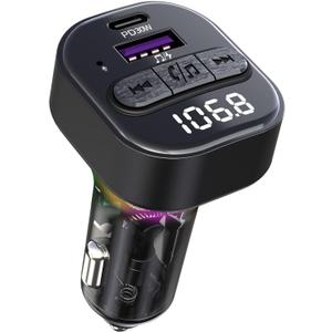 Bluetooth 5.3 FM Transmitter for Car, Bluetooth Car Adapter with Type-C PD(30W) Charger and QC3.0 USB Port, Wireless FM Radio Transmitter, Support MP3 Player, Handsfree Calling, LED Backlit,U Disk Black