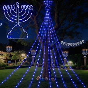 11.5ft Hanukkah Menorah Lights Outdoor Decor Hanukkah Waterfall Lights Blue Menorah LED Extension Cord USB Powered for Tree Yard Window Door Patio Wall Porch Chanukah Party Decorations