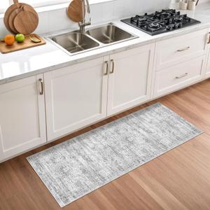 2x5 Rug Runner Washable for Entryway, Soft Bathroom Rugs with Non-Slip Backing, Abstract Low Pile Hallway Runner, Vintage Small Kitchen Carpet for Stair, Laundry Room(2'x5', Grey/Ivory)