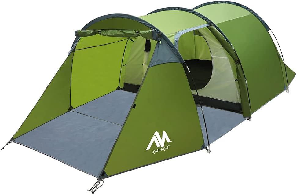 4 Person Tents for Camping, Ayamaya Tunnel Tent Camping with Vestibule 3-4 Person Waterproof, 2 Devided Rooms Bicycle Tent with Footprint for Bikepacking/Motorcycle Travel Hiking Mountaineering, 14ft x 6.6ft x 4.3ft
