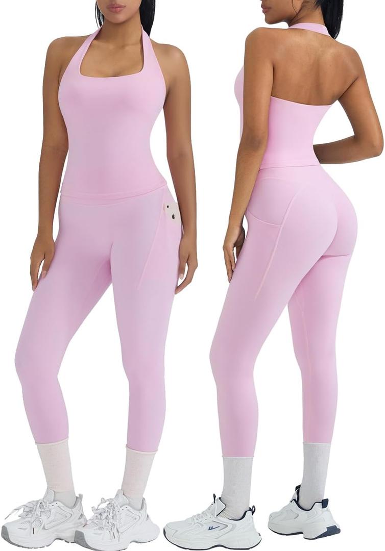OMKAGI 2 Piece Workout Sets for Women Halter Tops Booty Leggings with Pockets Gym Outfits (Medium, 460-light Pink)