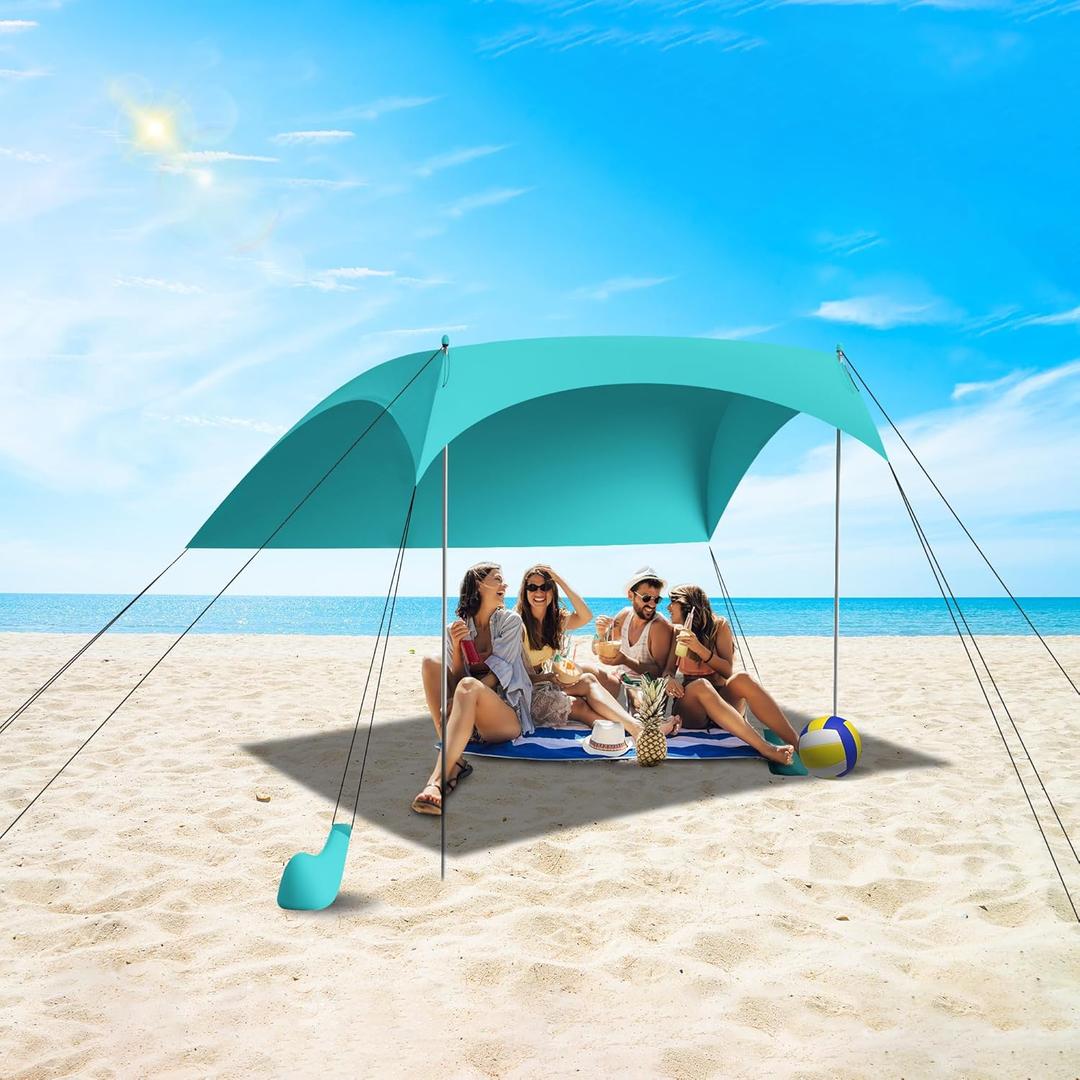 Beach Tent Sun Shelter UPF50+ with Sandbags, Sand Shovel & Windproof Poles - Portable Pop Up Canopy for Beach, Camping, Picnics, Backyard & Fishing (Cyan,6.9x6.5FT)