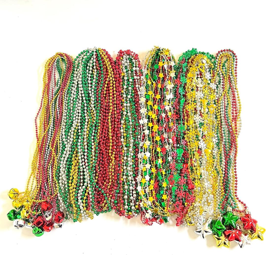 100 Pcs with 6 Styles Christmas Party Beads Necklaces Red Green Gold Silver Snowflake Santa Jingle Bell Holiday Beads Necklaces Christmas Tree Party Decorations