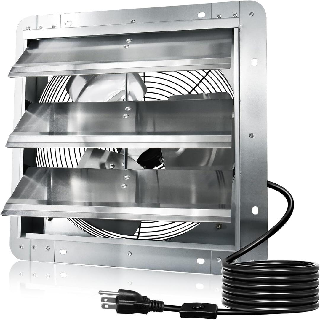 Hiorucet 14 Inch Shutter Exhaust Fan, 1558CFM High Speed Low Noise Aluminum Louvered Exhaust Fan Wall Mounted with 1.8m Power Cord for Greenhouse, Garage, Shop, Attics, Chicken Coop Ventilation.