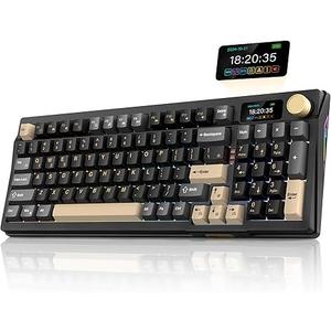 RedThunder K95 Wireless Mechanical Keyboard, TFT Screen & Knob, TriMode BT5.0/2.4GHz/USBC Hot Swappable Custom, Prelubed Linear Pink Switches, Gasket Structure, RGB Gaming Keyboard, BlackGold