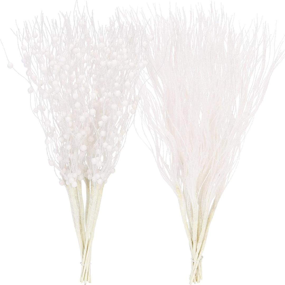 Sea Team 24-Pack Artificial Glitter Berry Stem Ornaments, Decorative Bead Sticks, Glittery Twigs, Picks, Branches for Christmas Tree, Small Vase, Holiday, Wedding, Party (15 Inches, White)