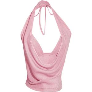 SweatyRocks Women's Sexy Y2k Glitter Halter Crop Tops Low Cut Going Out Top with Rave Micro Crop 2 Piece Outfits (Pink, XS)