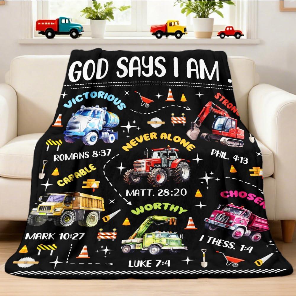 Kids Christian Truck Blanket for Boys - God Says I Am Construction Trucks Bible Verse Gifts for Truck Tractor Lovers Toddlers - Super Soft Flannel Throw Sheets 50" x 40" Decor for Crib Nap Couch Sofa