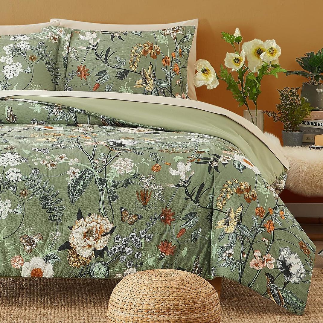 CASAAGUSTO Full Size Comforter Sets-7 Pieces Green Floral Bedding Sets, Bed in a Bag Full with Botanical Butterfly Comforter, Sheets, Pillowcases & Shams for All Seasons