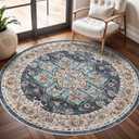 Washable Oriental Area Rug - 6ft Rugs for Living Room Soft Carpet for Bedroom Waterproof Floral Distressed Indoor Stain Resistant Non-Shedding Floor Carpets (Blue/Teal/Orange, 6ft-Round)