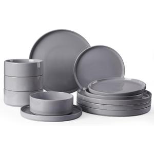 Famiware Nebula Plates and Bowls Set, 12 Pieces Dinnerware Sets, Dishes Set for 4, Dark Gray