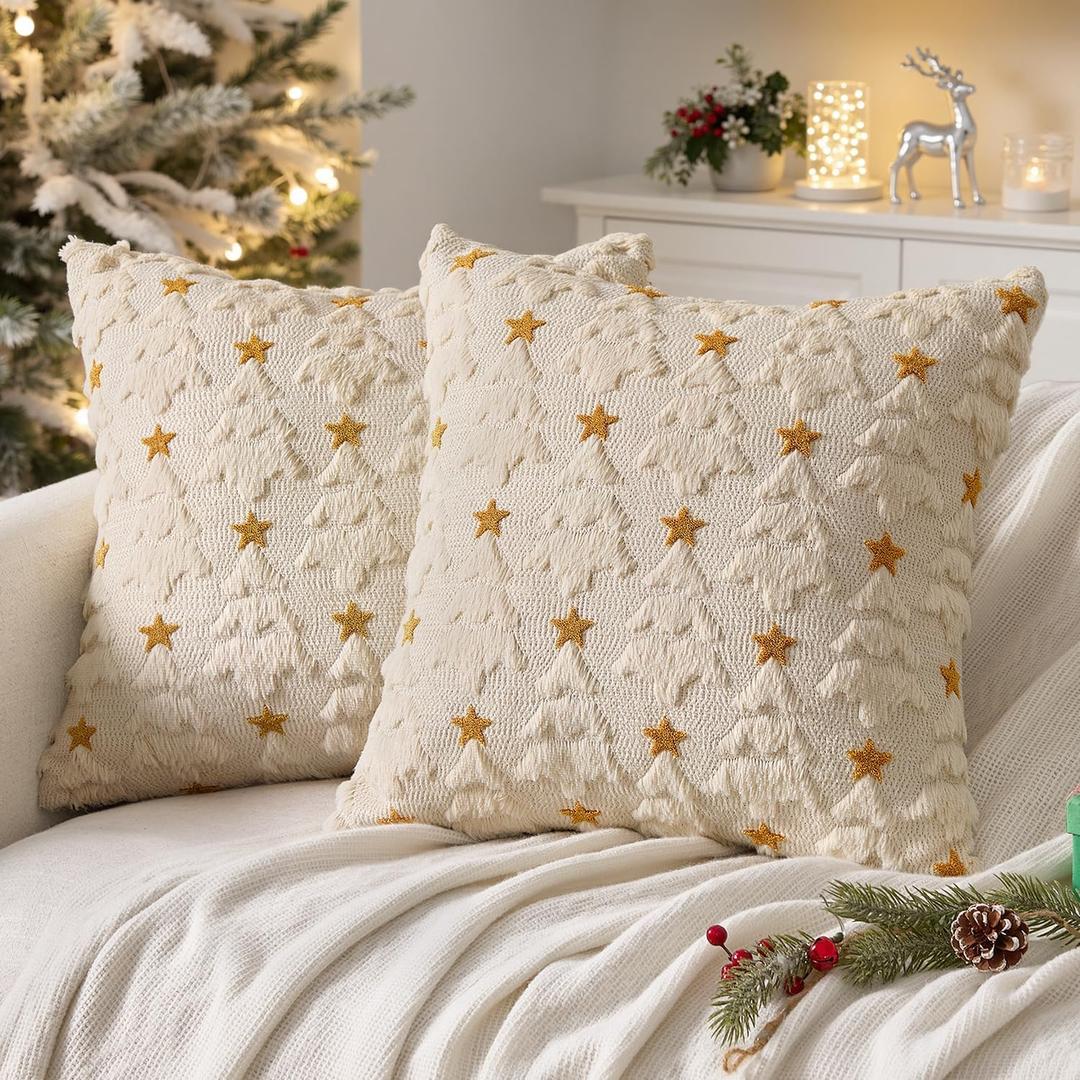 MIULEE Christmas Pillow Covers 18x18 Inch Set of 2, Beige Christmas Tree Plush Faux Fur Pillowcases Soft Decorative Throw Pillow Cases for Couch Sofa Living Room Winter Xmas Holiday Home Decor
