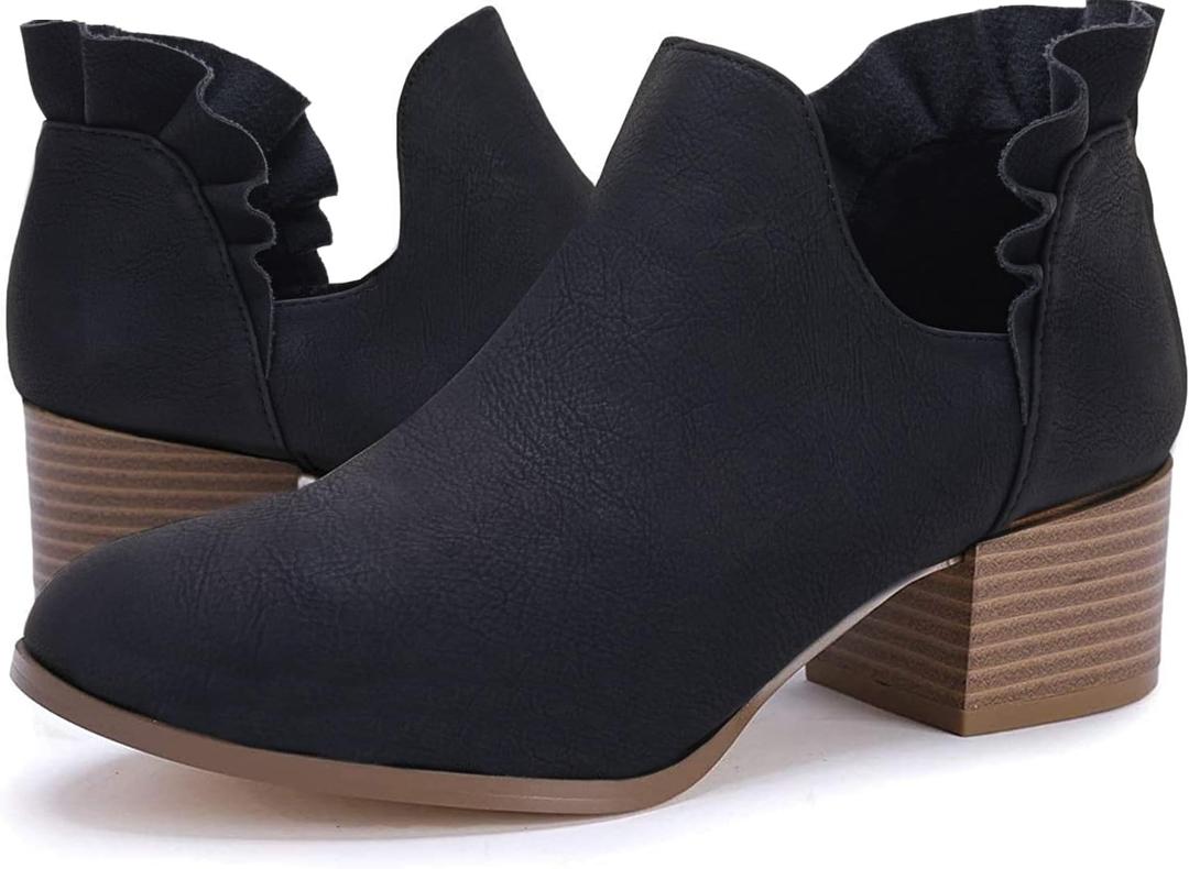 Fashare Womens Fall Cutout Booties Ankle Heels Low Stacked Ruffle Slip On Dress Short Boots Shoes (7, Blackfaux Leather)