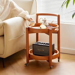 Side Table with Wheels, Mid Century Modern Rolling End Table, Solid Wood Round End Table with Detachable Tray, Small Accent Table, Movable Coffee Table Cart(Natural), 15 inches x 15 inches x 26 inches