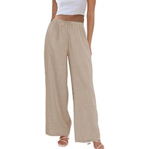 Womens Cotton Linen Palazzo Pants Drawstring Elastic Waist Casual Wide Leg Trousers with Pockets M