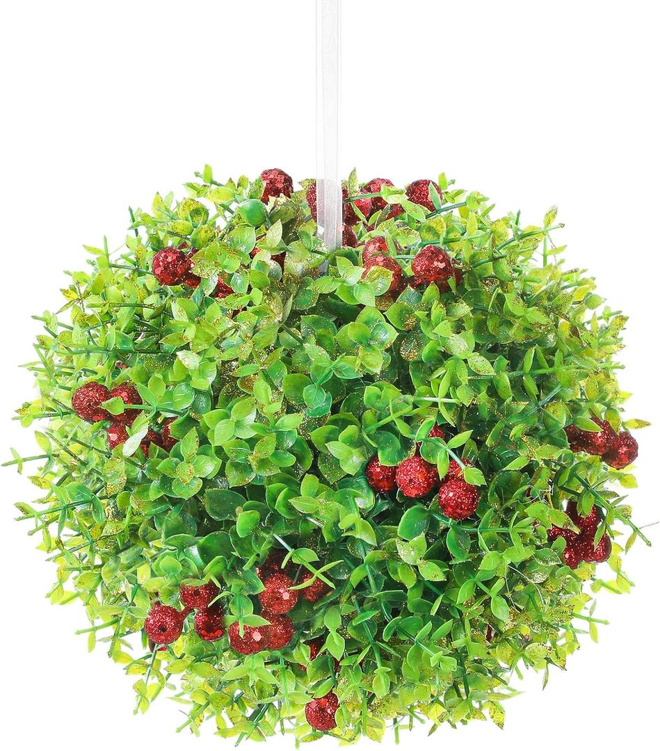 8 Inches Mistletoe Christmas Decor Ball Ornament Large Artificial Hanging Mistletoe Kissing Ball for Xmas Tree Door Decoration(Classic Style)