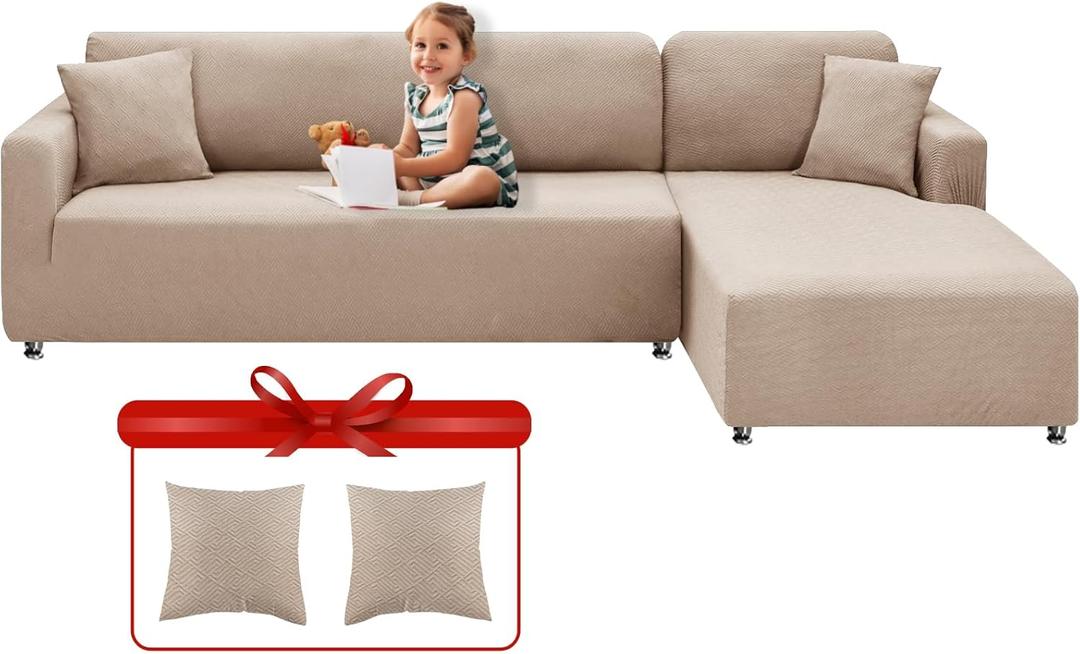 XINEAGE Sectional Couch Covers High Stretch 2 Pieces L Shape Sofa Cover with 2pcs Pillowcases Corner Couch slipcovers Chaise Cover with Elastic Bottom 3 Seats + 3 Seats (Khaki)