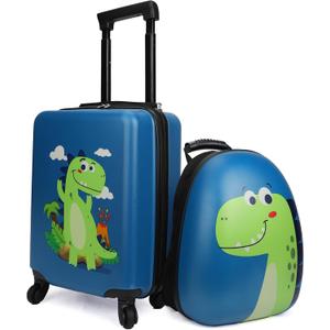emissary Kids Luggage with Wheels, Hardside Toddler Carry On Suitcase Set, Lightweight Rolling Travel Bag for Boys and Girls, Airline Approved Travel Gifts - Dinosaur