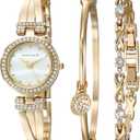Anne Klein Women's Premium Crystal Accented Bangle Watch and Bracelet Set (Gold)