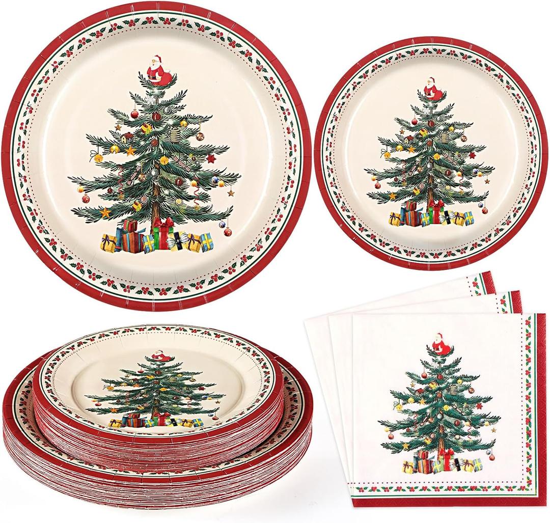 Homlouue 200 PCS Christmas Paper Plates and Napkins Sets, Christmas Tree Plates and Napkins, Holiday Paper Plate and Napkin Sets for Xmas Party Supplies Dinner Winter Decorations, Xmas Plate
