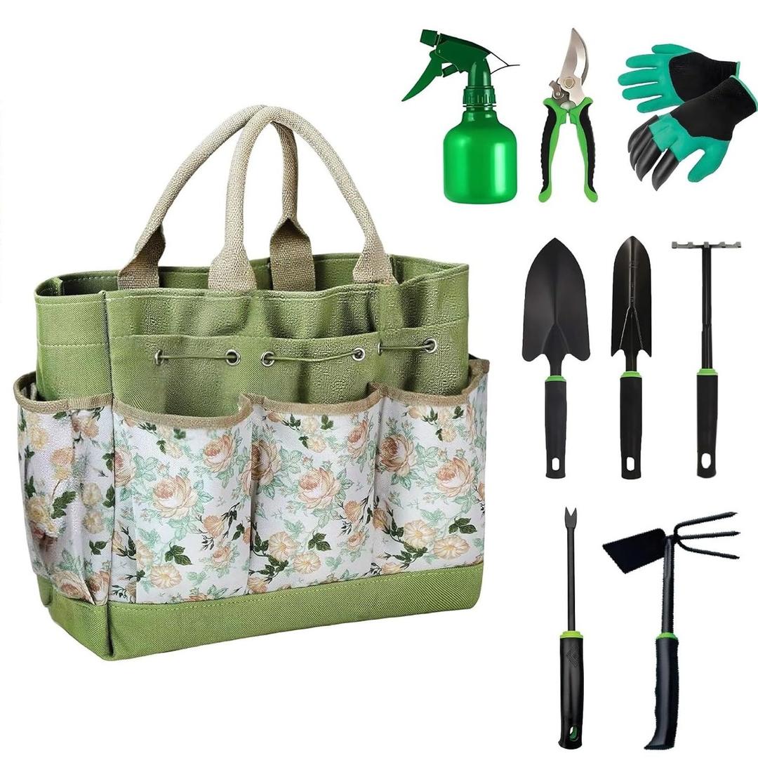 Gardening 9-Piece Heavy Duty Carbon Steel Gardening Tool Set – Rust-Proof, Ergonomic Non-Slip Handles with Durable Storage Tote Bag – Ideal Garden Gift by BRSS