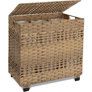 OIAHOMY Laundry Hamper with Lid, 140L Clothes Hamper with 3 Removable Liner Bags, Foldable Basket with Lid, Synthetic Wicker Laundry Basket for Bedroom, 27x 13 x 26 Inches, Brown