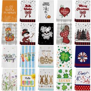 Voajocc 20 Pcs Seasonal Kitchen Towels and Dishcloths Sets, 18x26 Inch Seasonal Dish Towels Decorative Set for All Seasons Christmas Halloween Winter Decorative Kitchen Hand Towels
