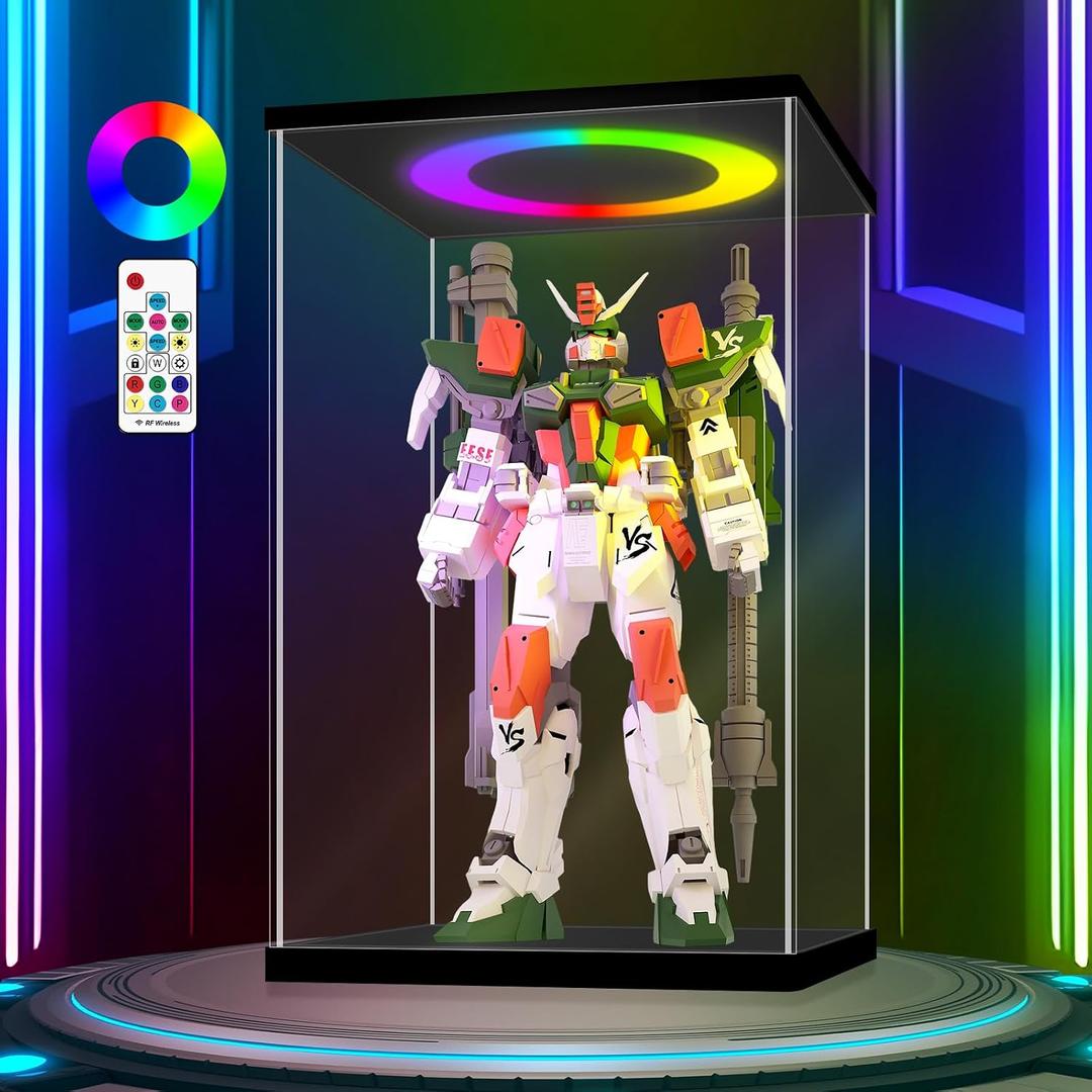 LANSCOERY Clear Acrylic Display Case with RGBW LED Light, Black Display Box with Open Door, Dustproof Showcase, Perfect for Figures Collectibles - 13.8x9.8x21.2 inch
