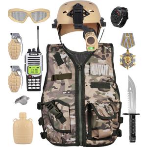 Kids Army Military Combat Soldier Costume Halloween Party Role Play Dress up Birthday Gift Set includes Camouflage Vest, Helmet, and Toy Accessories for 3-8 Years Old Toddlers Boys Girls