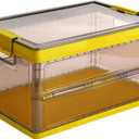 Collapsible Storage Container with Lid and Latches, Clear Stackable Plastic Tote Bin with Handles for Clothes, Sweater, Blanket (Yellow, 7 Gal)