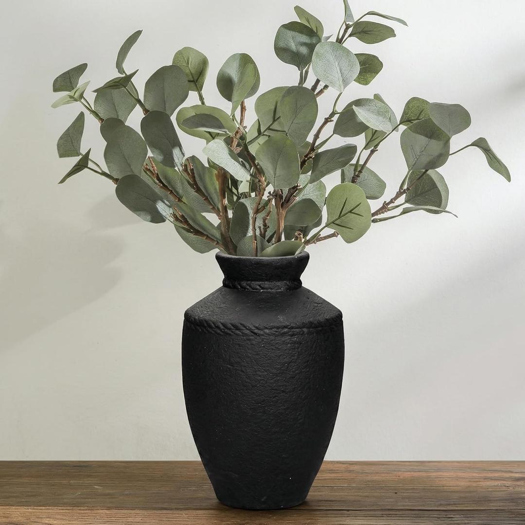 Black Rustic Ceramic Vase - 10 Inch Large Pottery Flower Vases for Home Decor Farmhouse Minimalist Vase for Living Room Centerpiece for Fireplace Entryway Shelf Kitchen Decor