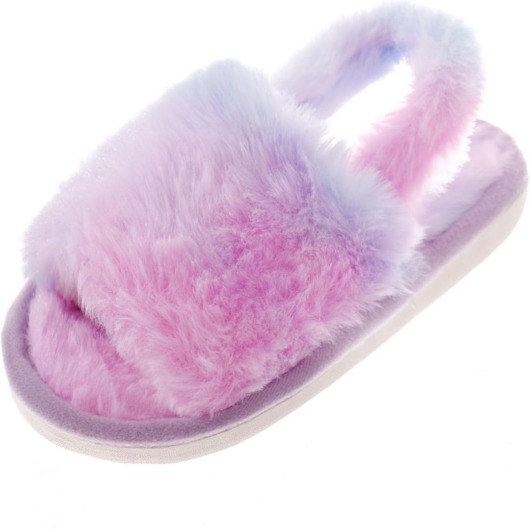 Fluffy Slippers for Girls with Heel Strap Kids Open Toe Slides Home Shoes Indoor Outdoor (1 Big Kid, Purple)