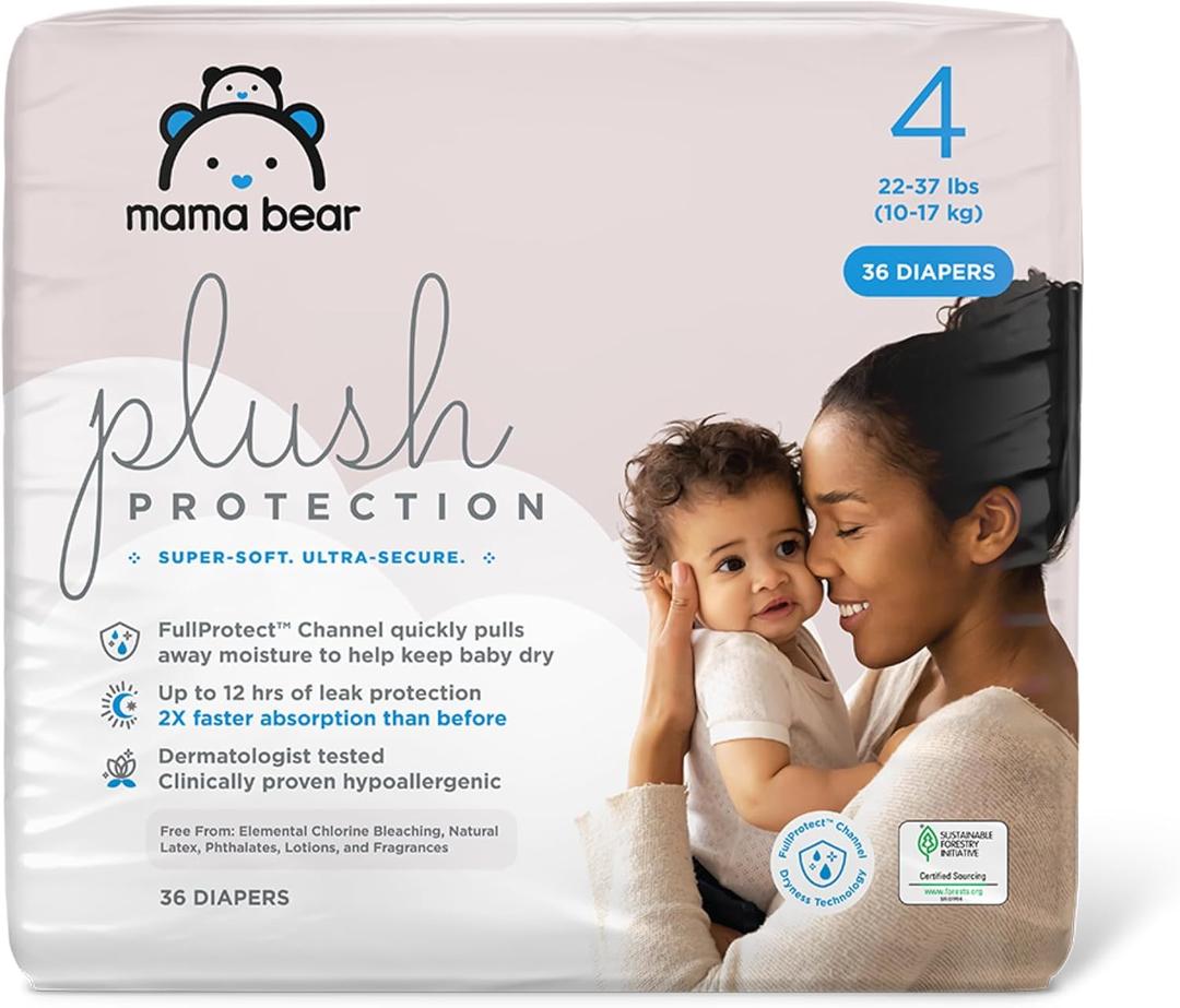 Amazon Brand - Mama Bear Plush Protection Diapers - Size 4, 36 Count, Hypoallergenic Premium Disposable Baby Diapers, White and Cloud Dreams