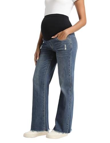 Foucome Women's Maternity Jeans Straight Leg Relaxed Fit Comfy Stretchy Trendy Pregnancy Denim Pants Vintage Blue, Size: M