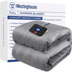 Westinghouse Electric Blanket Full Size, Super Cozy Soft Flannel 80"" x 84"" Heated Blanket with 10 Fast Heating Levels & 1-12 Auto-Off, Machine Washable, ETL&FCC Certification, Light Grey
