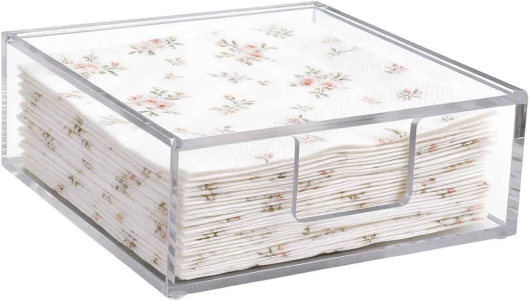 Acrylic Napkin Holder, 7.1 x 7.1 x 2.75Inch Flat Napkin Holder with Lid Clear Waterproof Square Napkin Dispenser Decorative Paper Napkin Container Organizer for Table Kitchen Bathroom